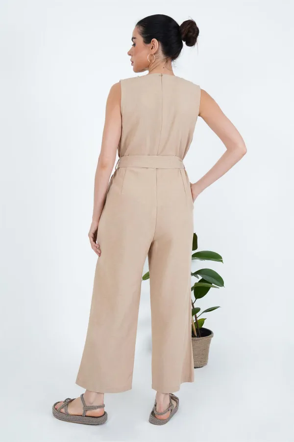 Arkası Fermuarlı Beli Kuşaklı Toptan Vizon Tulum