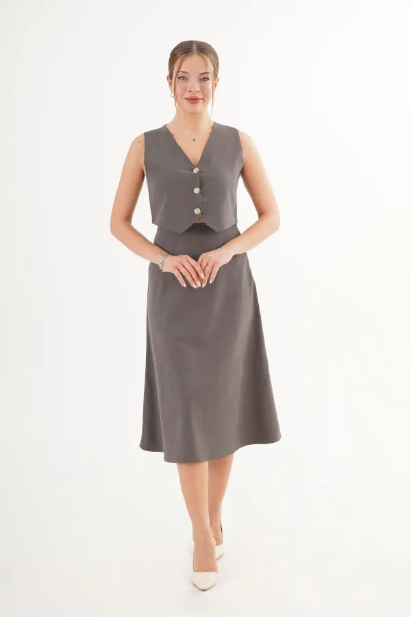 Premium Yelek Ve Etek Antrasit Süet Toptan İkili Takım