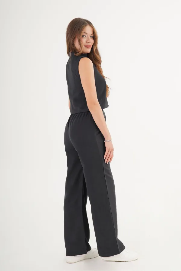 Gilet sans manches, pantalon large, costume noir en daim (vente en gros)