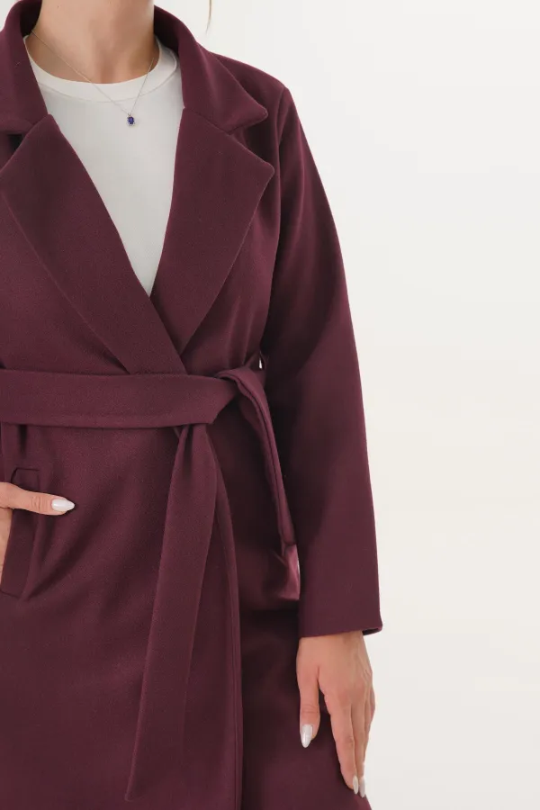 Beli Kuşaklı Astarlı Toptan Bordo Kaşe Kaban