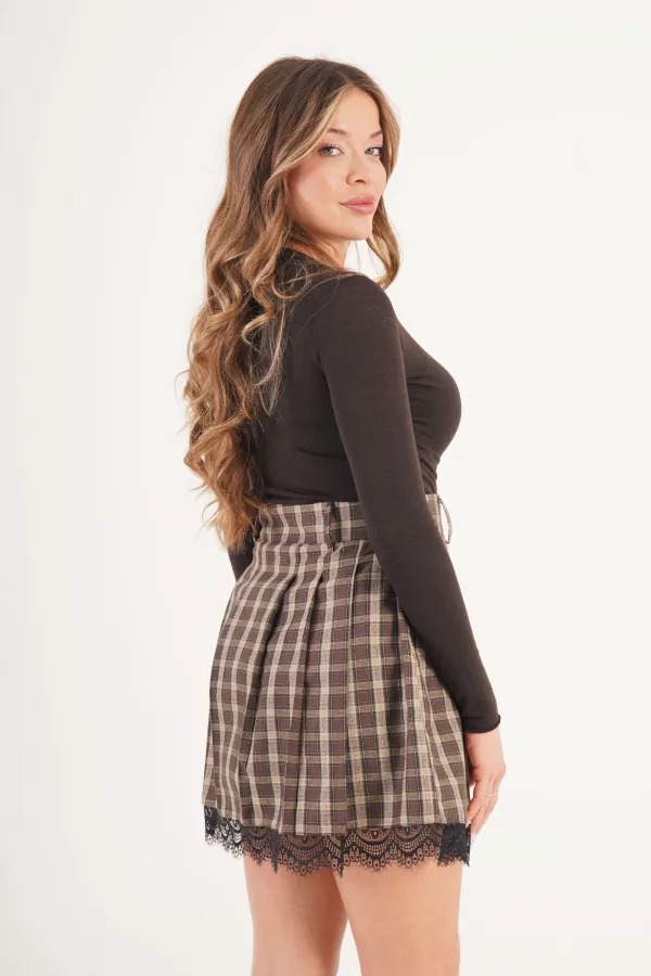 Dantel Detaylı Ekoseli Toptan Kahve Etek