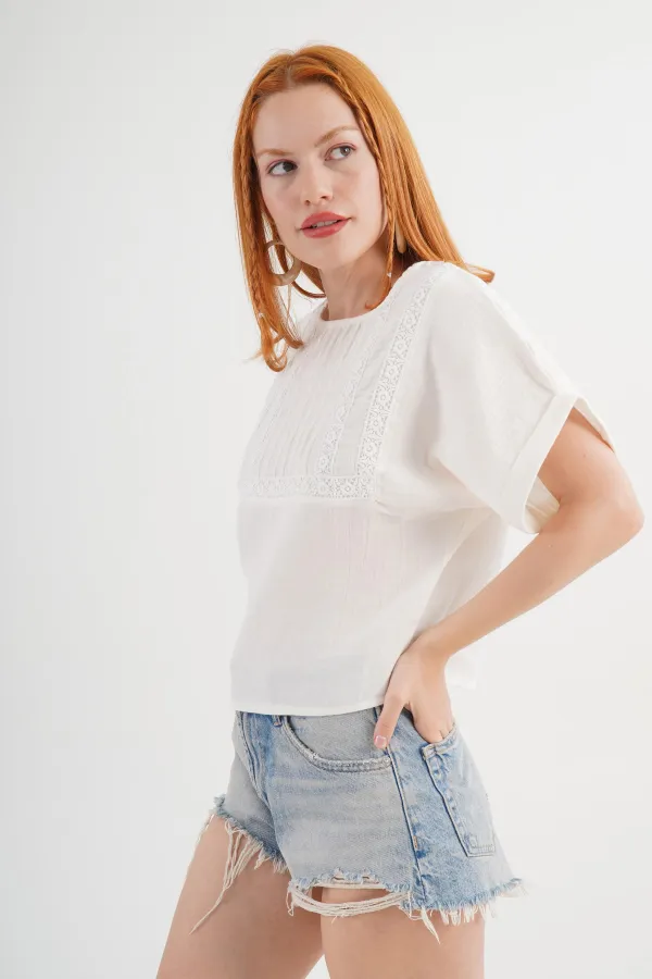 Ön Dantel Detaylı Toptan Ekru Bluz