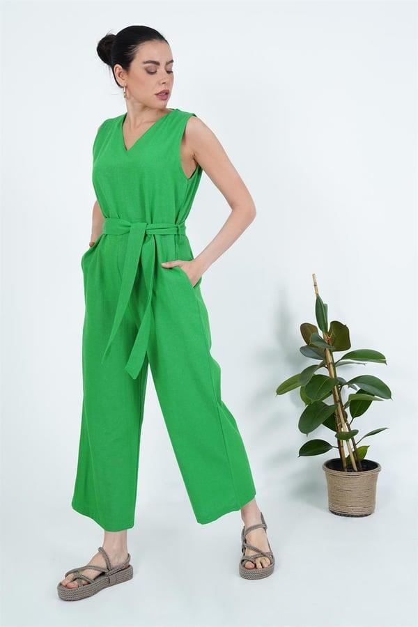 Wholesale Green Jumpsuit with Back Zipper and Waist Belt