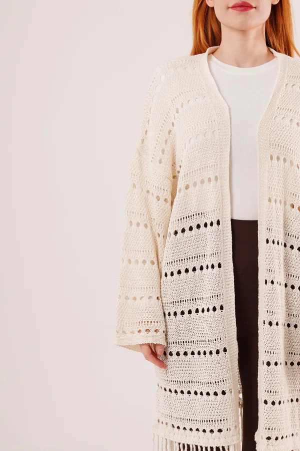 Cardigan long en maille perforée à pompons de transition, couleur crème, en gros