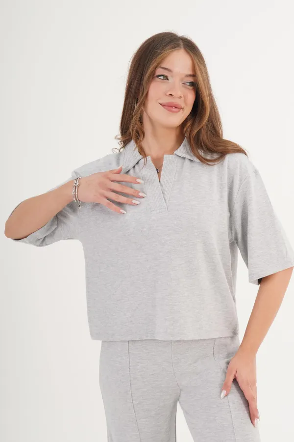 Gömlek Yaka Kısa Kol Gri Toptan Bluz