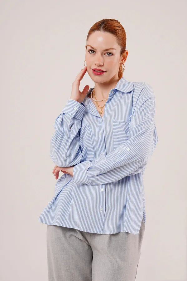 Yarasa Kol Çizgili Cep Detaylı Toptan Mavi Gömlek