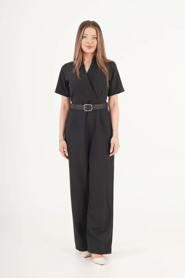 Elegance Kemerli Palazzo Toptan  Siyah Tulum