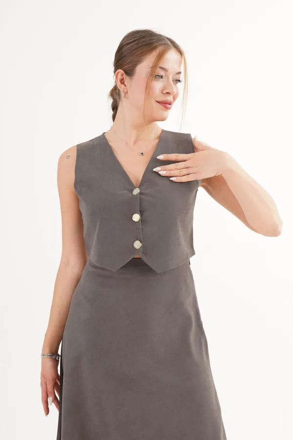 Premium Yelek Ve Etek Antrasit Süet Toptan İkili Takım