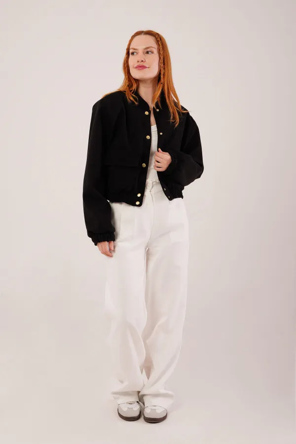 Gold Düğmeli Kaşe Toptan Siyah Bomber Ceket