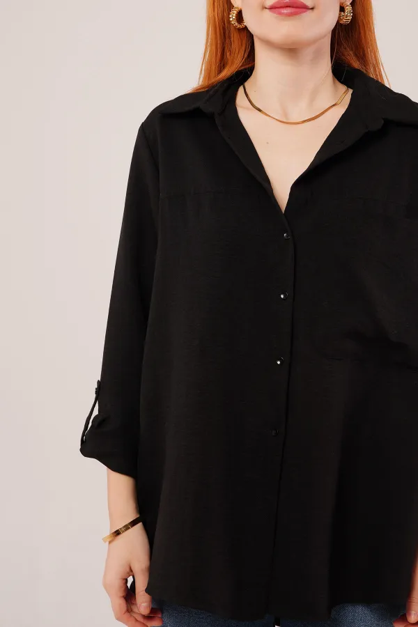 Salaş Kesim Cepli Toptan Siyah Gömlek