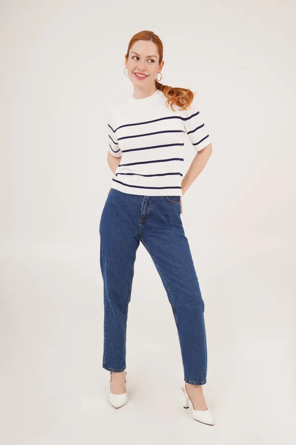 Çizgili Kısa Kol Beyaz Lacivert Toptan Bluz