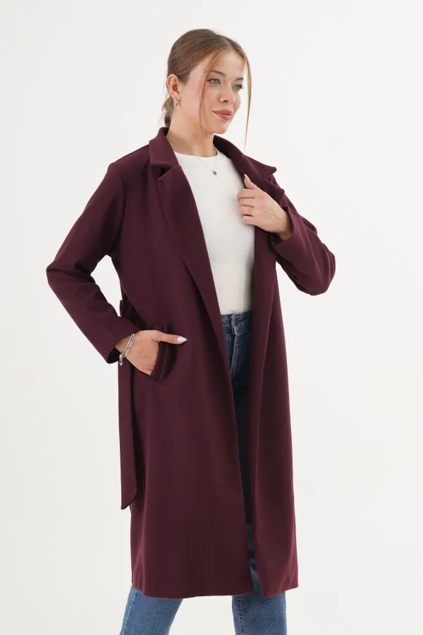 Beli Kuşaklı Astarlı Toptan Bordo Kaşe Kaban