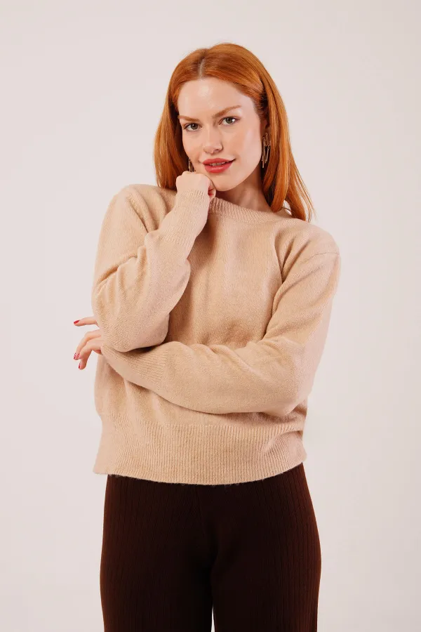 Bisiklet Yaka Düz Model Camel Triko Toptan Kazak