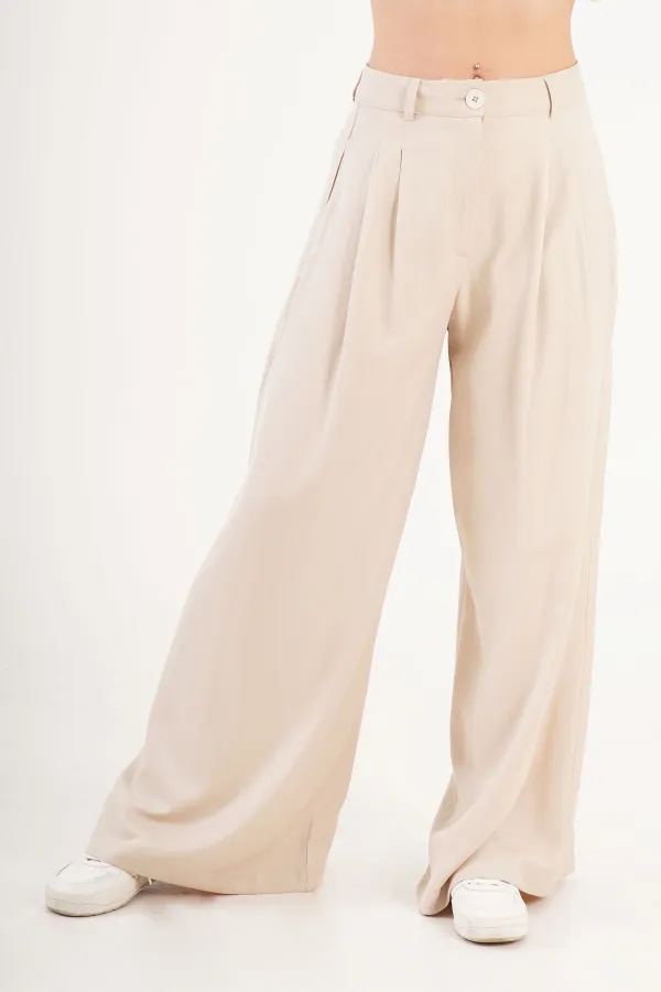 Piliseli Çift Cepli Salaş Toptan Bej Pantolon