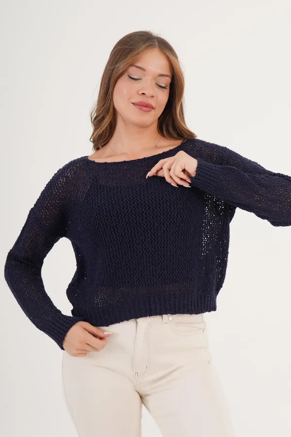 Wholesale Navy Blue Knitted Blouse with Wide Collar