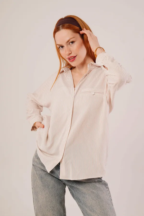 Cep Detay Krem Oversize Çizgili Toptan Gömlek