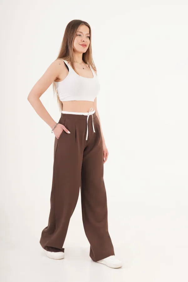 Bel Çift Bantlı Kahve Toptan Pantolon