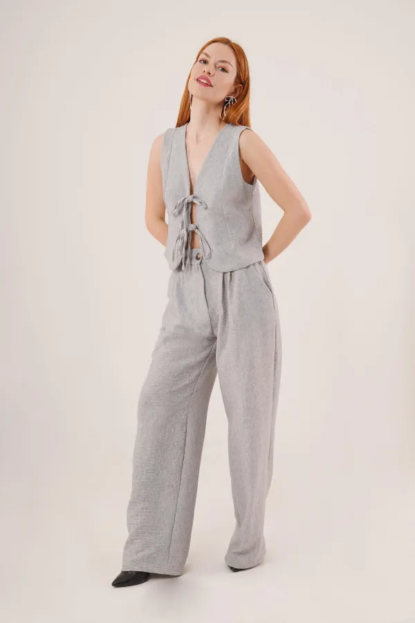 Ön Bağlama Detaylı Yelek Ve Pantolon Gri Toptan İkili Takım