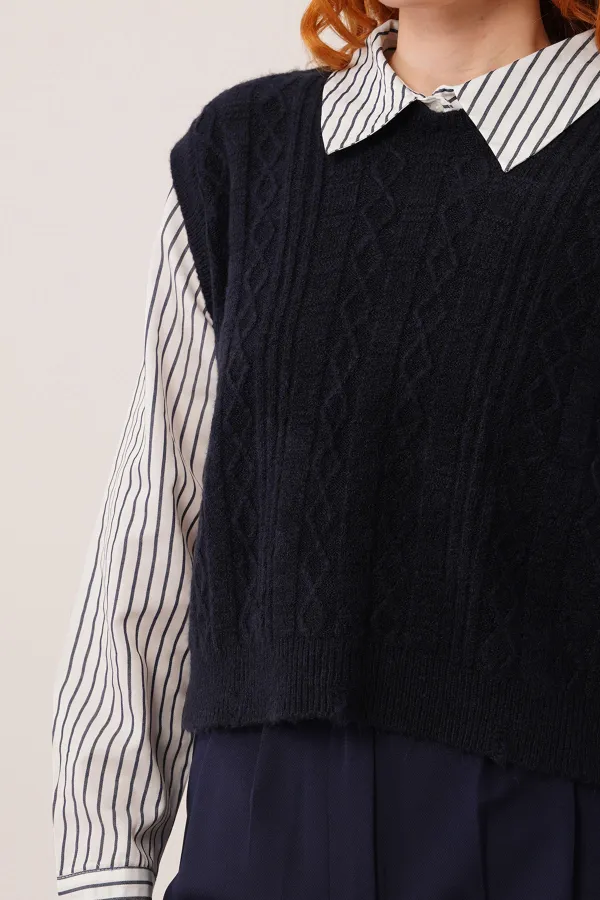 Kol Ve Yaka Gömlek Detaylı Lacivert Toptan Triko Kazak