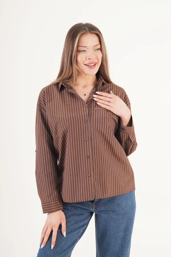 Kontrast Mavi Çizgili Kol Manşetli Kahve Toptan Gömlek