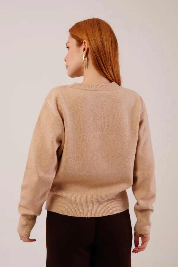 Bisiklet Yaka Düz Model Camel Triko Toptan Kazak