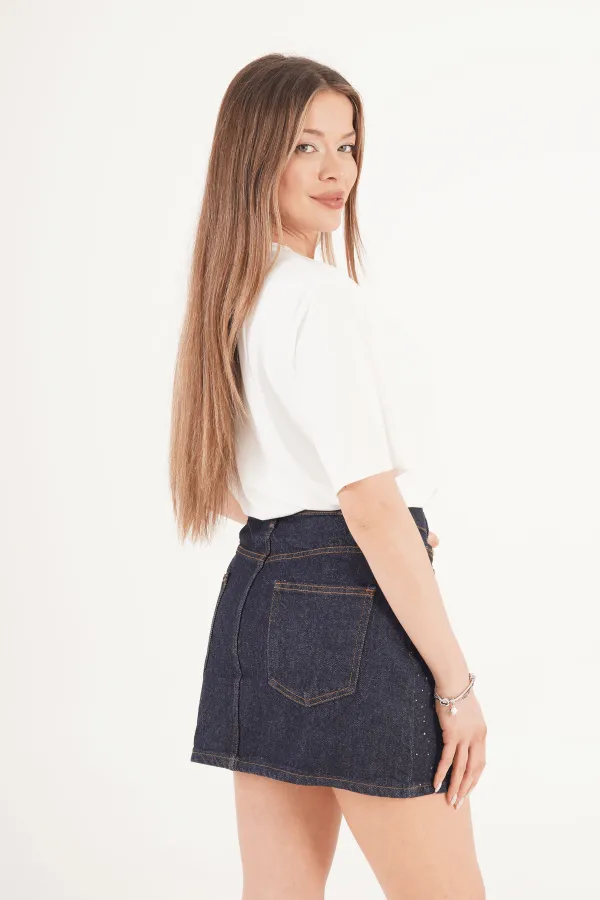 Taş İşlemeli Işıltılı Koyu Kot Toptan Mini Denim Etek