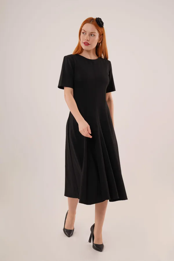 Dikiş Detaylı Kısa Kollu Toptan Siyah Uzun Elbise