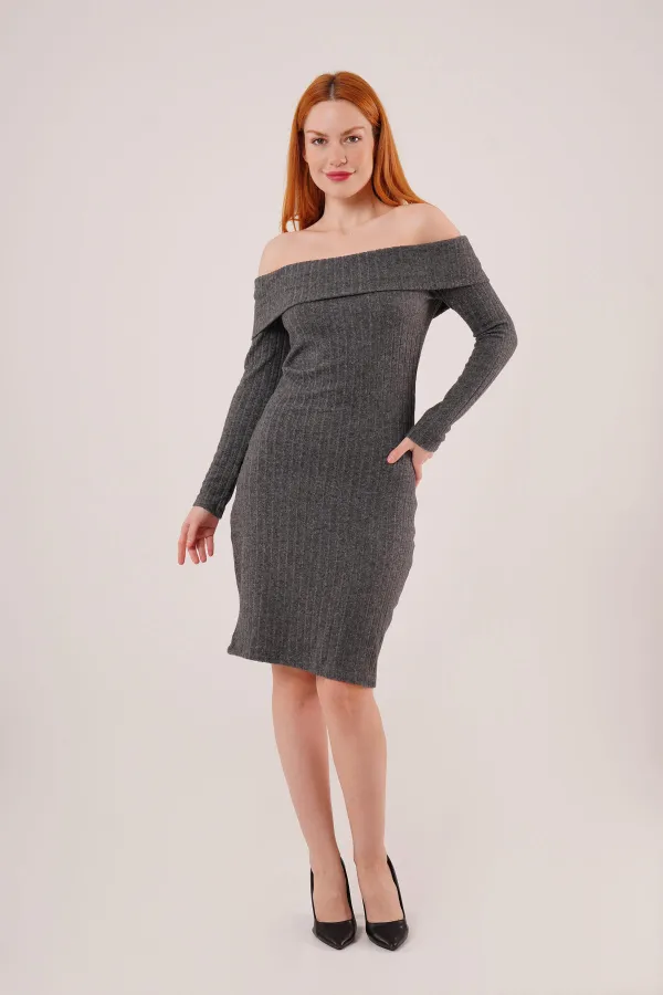 Madonna Yaka Fitilli Toptan Antrasit Triko Elbise