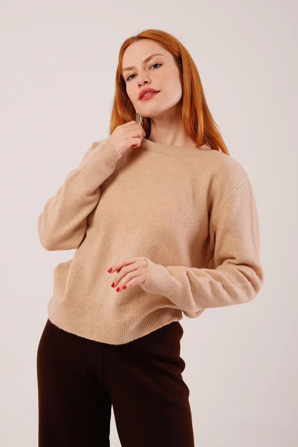 Bisiklet Yaka Düz Model Camel Triko Toptan Kazak