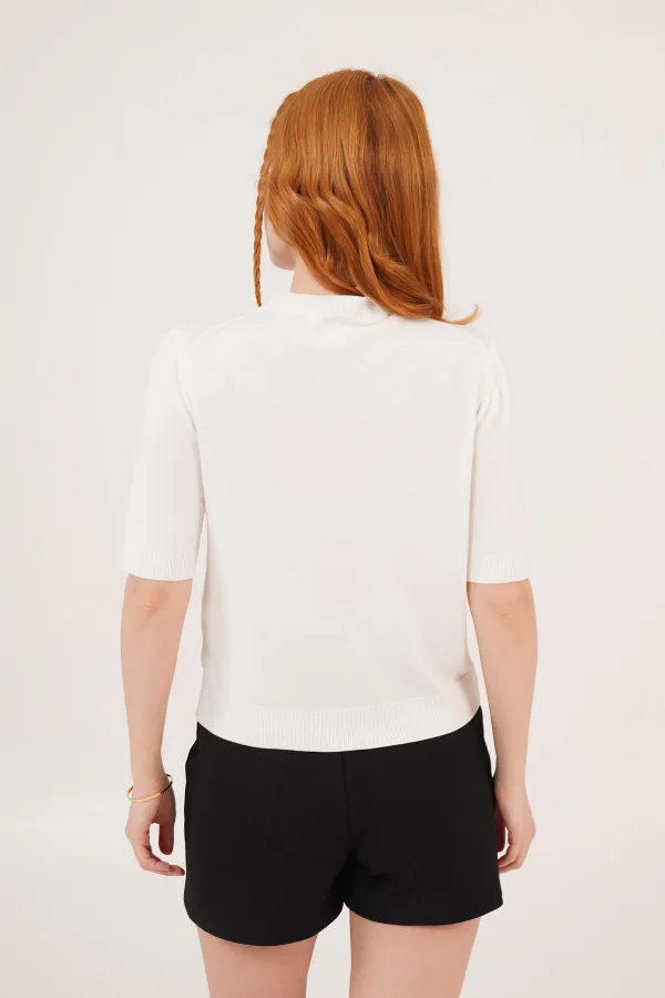 Yarım Kol Yuvarlak Yaka Likralı Toptan İnce Beyaz Triko Bluz