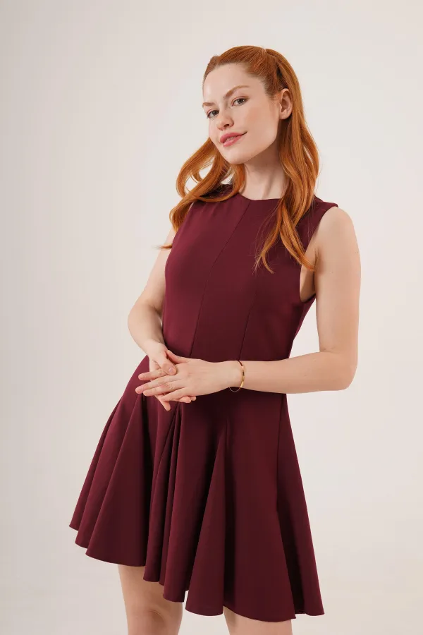 Sıfır Kol Pileli Toptan Bordo Mini Elbise
