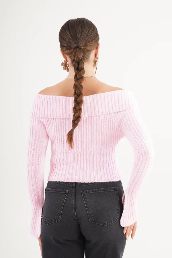 Madonna Yaka Full Fermuarlı Toptan Pembe Triko Bluz