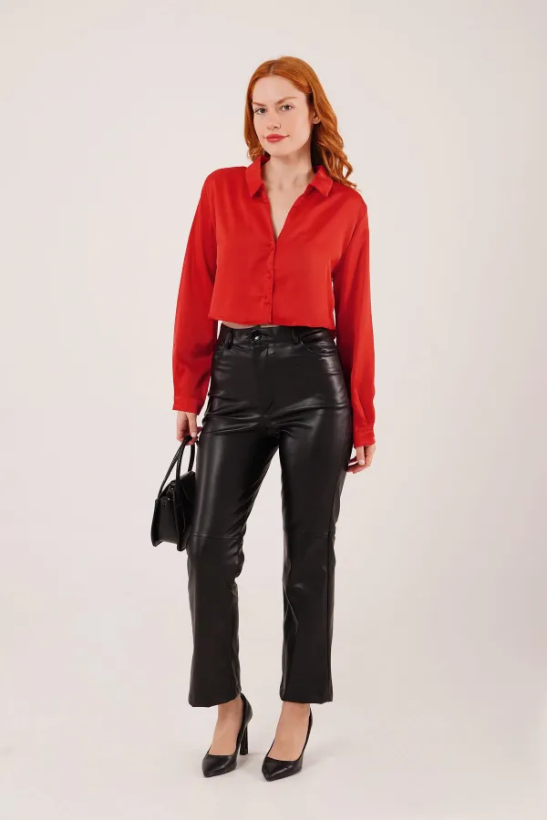 Saten Crop Model Toptan Kırmızı Gömlek