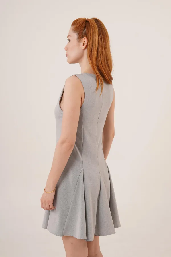 Sıfır Kol Pileli Toptan Gri Mini Elbise