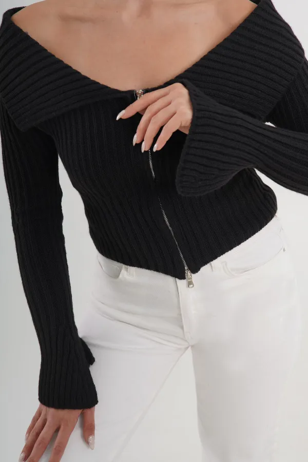 Madonna Yaka Full Fermuarlı Toptan Siyah Triko Bluz