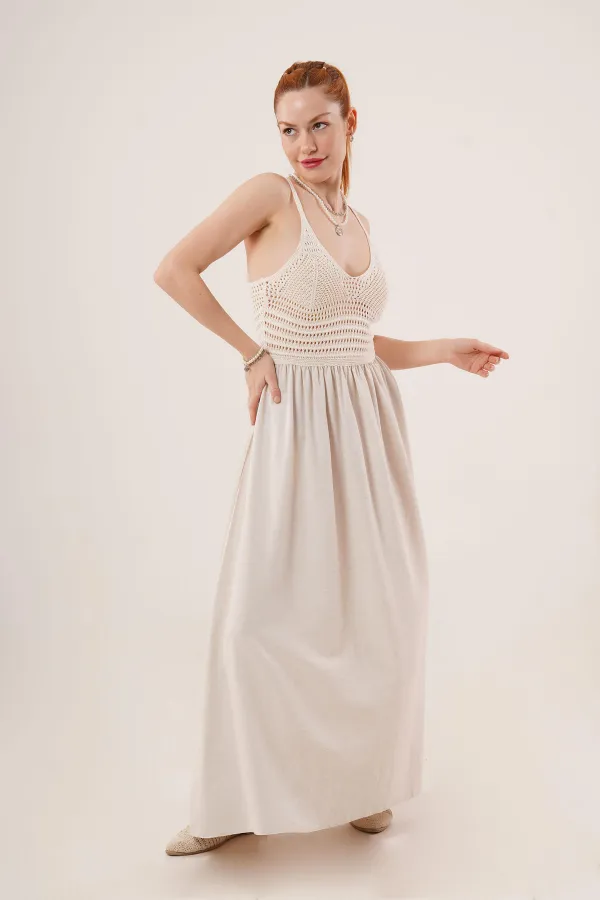 Ajurlu Askılı Belden Oturtmalı Toptan Maxi Krem Elbise