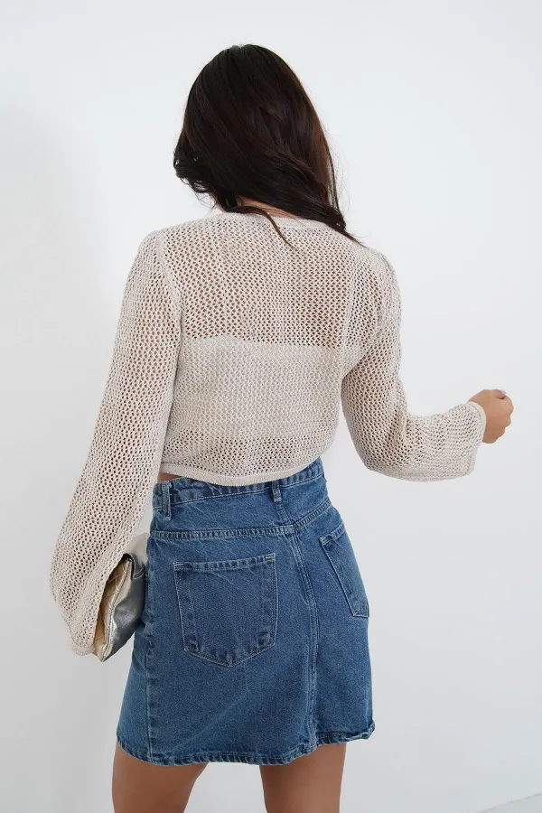 Sim İp Geçişli Toptan Triko Bej Crop