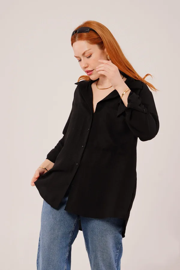 Salaş Kesim Cepli Toptan Siyah Gömlek