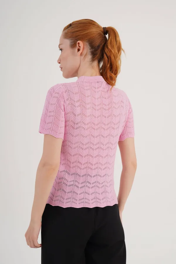 Örgü Model Kısa Kol Toptan Pembe Triko Bluz