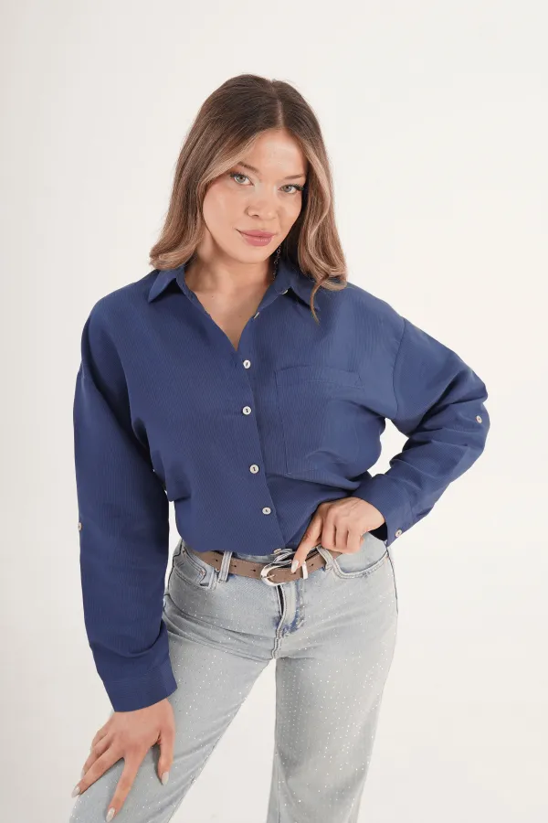 Minimal Soft Çizgili İndigo Toptan Gömlek