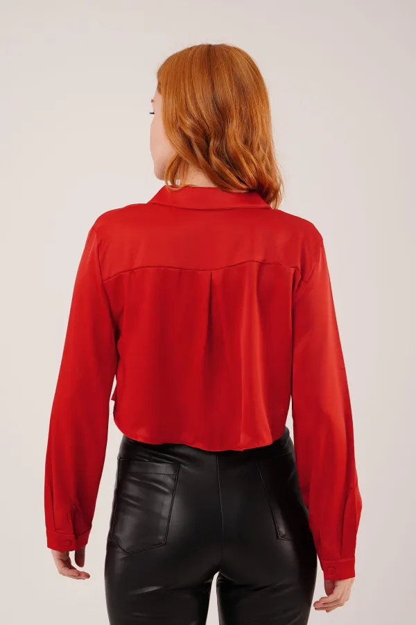 Saten Crop Model Toptan Kırmızı Gömlek