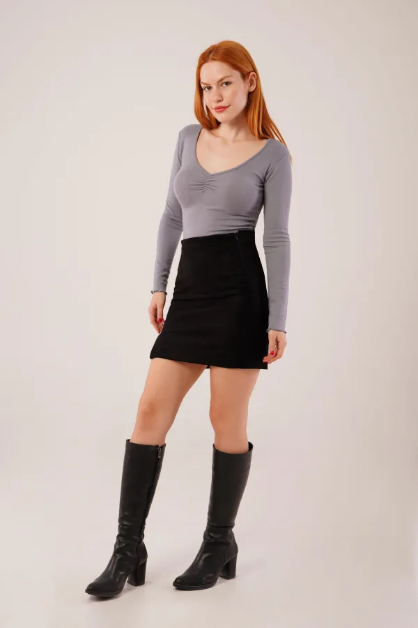 Geniş Yaka Gri Toptan Basic Body Bluz