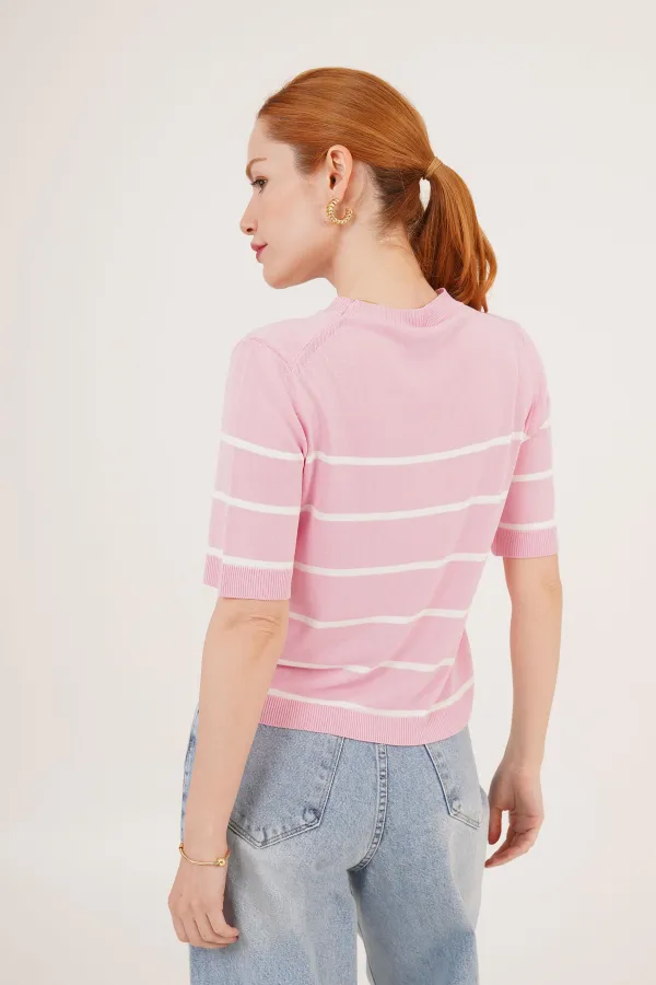 Çizgili Kısa Kol Pembe Toptan Bluz
