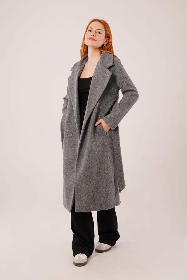 Beli Kuşaklı Astarlı Toptan Antrasit Kaşe Kaban