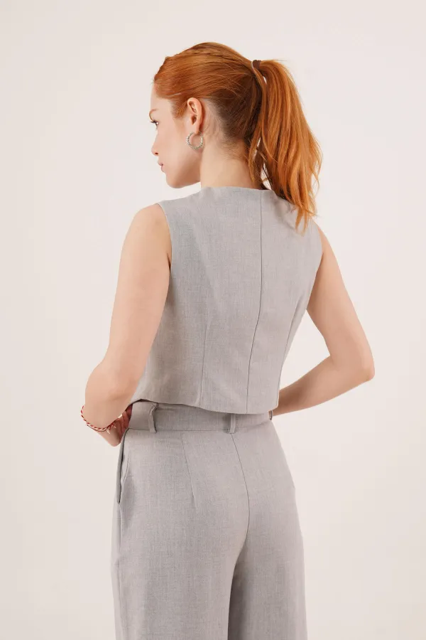 Çift Düğmeli Çapraz Model Gri Toptan Yelek