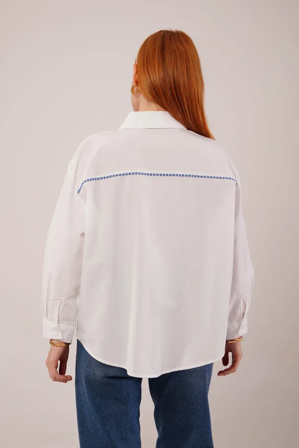 Çizgili Cep Detaylı Beyaz Toptan Gömlek