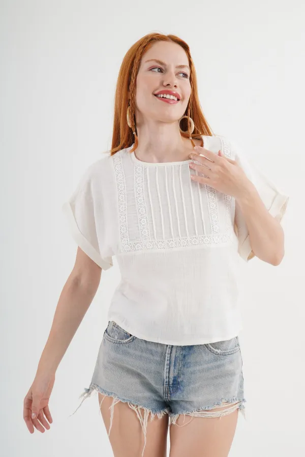 Ön Dantel Detaylı Toptan Ekru Bluz