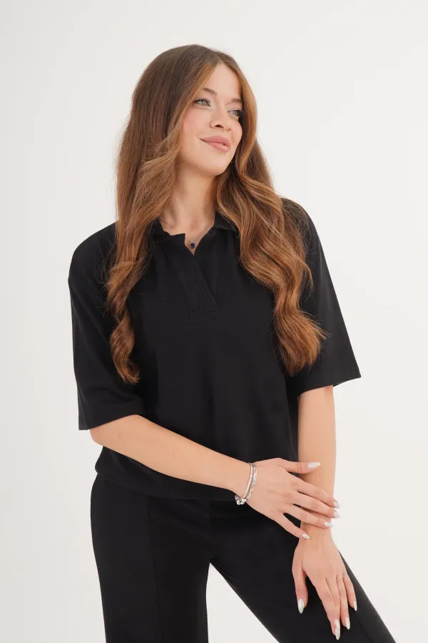 Gömlek Yaka Kısa Kol Siyah Toptan Bluz