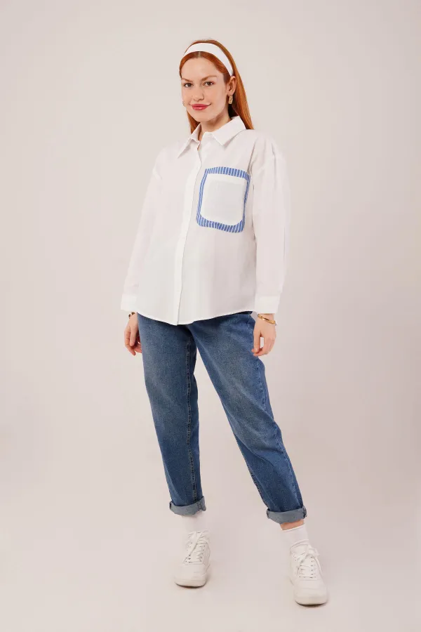 Çizgili Cep Detaylı Beyaz Toptan Gömlek