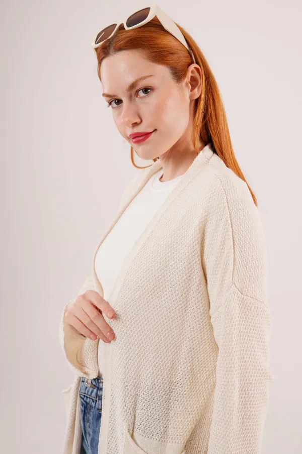 Cepli Salaş Model Triko Uzun Toptan Krem Hırka